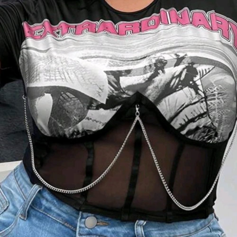 Black Graphic Mesh Women Top